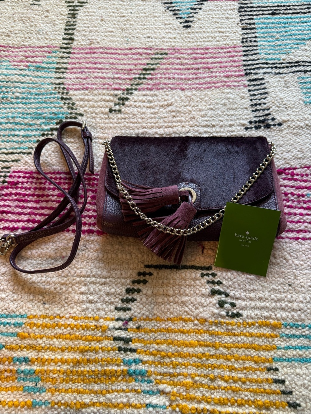 kate spade sequoia crossbody/clutch in plum leather, pony hair w tassel & chain - Picture 5 of 9